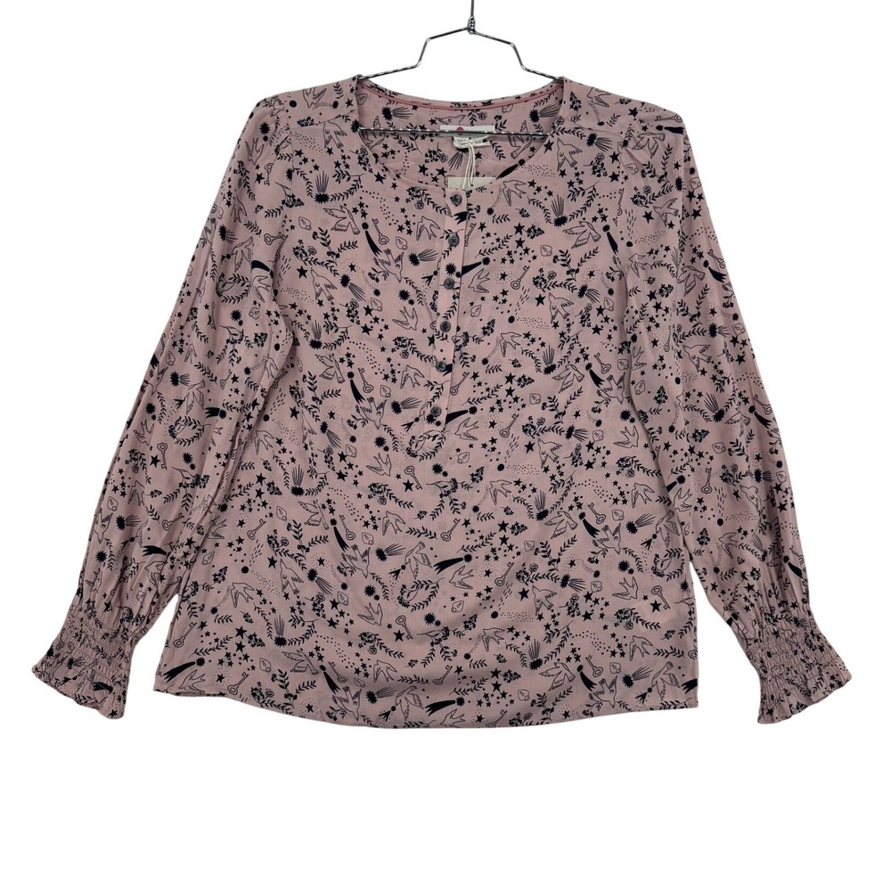 Boden Popover Blouse Womens 10 Pink New Whimsical Bird Star Novelty Henley Top